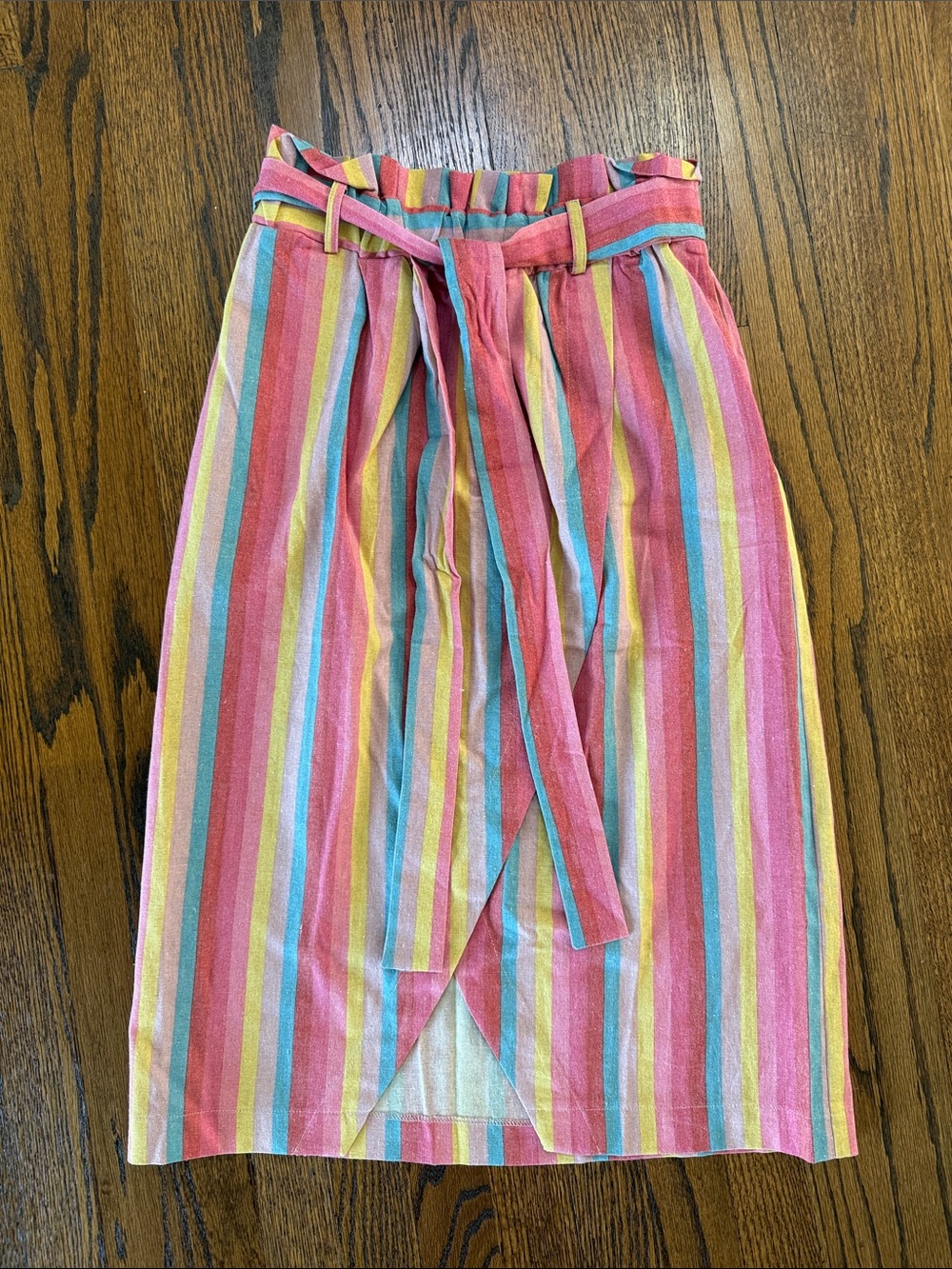 B42 Moon River Women’s Medium Rainbow Stripe Paperbag-Waist Midi Skirt